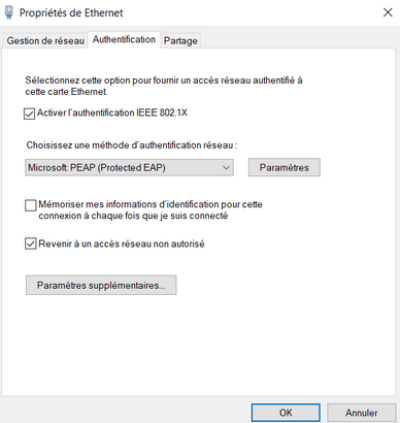 carte réseau filaire, dans l’onglet « authentification »